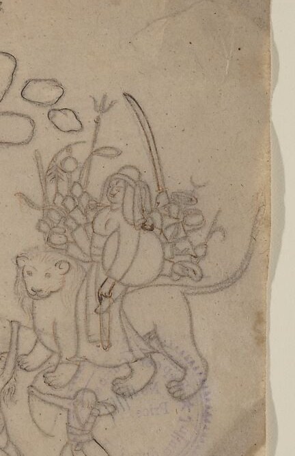 Durga rides her lion, arms swinging weapons at a giant buffalo.