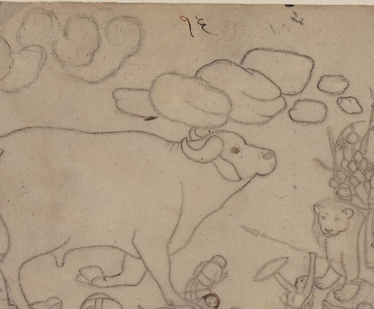 The monumental buffalo nearly fills the picture plane, embodying the demon Mahishasura in animal form , understanding this transforms the whole scene.