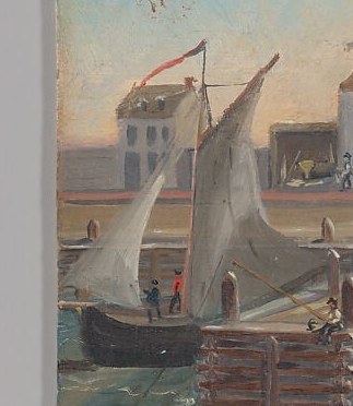 The prominent sailboat suggests maritime activity and trade, a key aspect of port life.