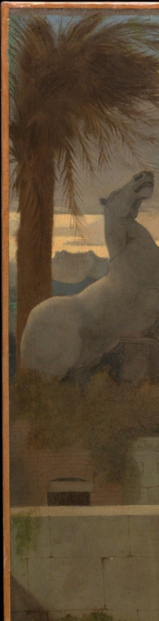 An exotic, almost orientalist marker that signals a Mediterranean or Near-Eastern locale and frames the left edge of the composition like a natural column.