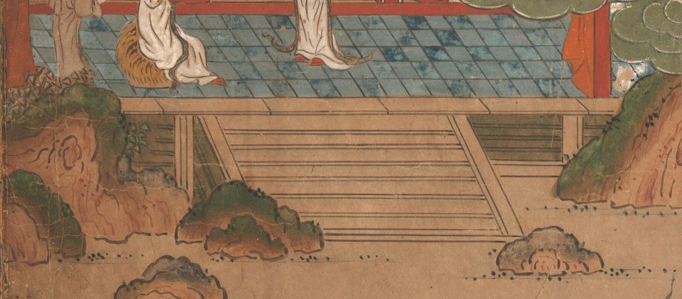 Figures gather on a porch, overlooking a calm water surface.