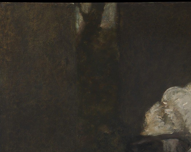 She wears the black hat and dark cloak of an 18th-century aristocrat.