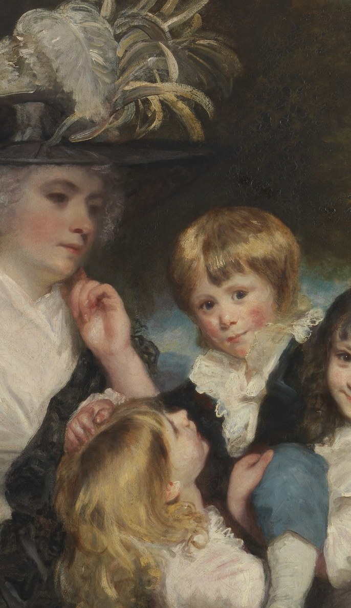 Her daughters are dressed in white with pink sashes, the color of childhood innocence.