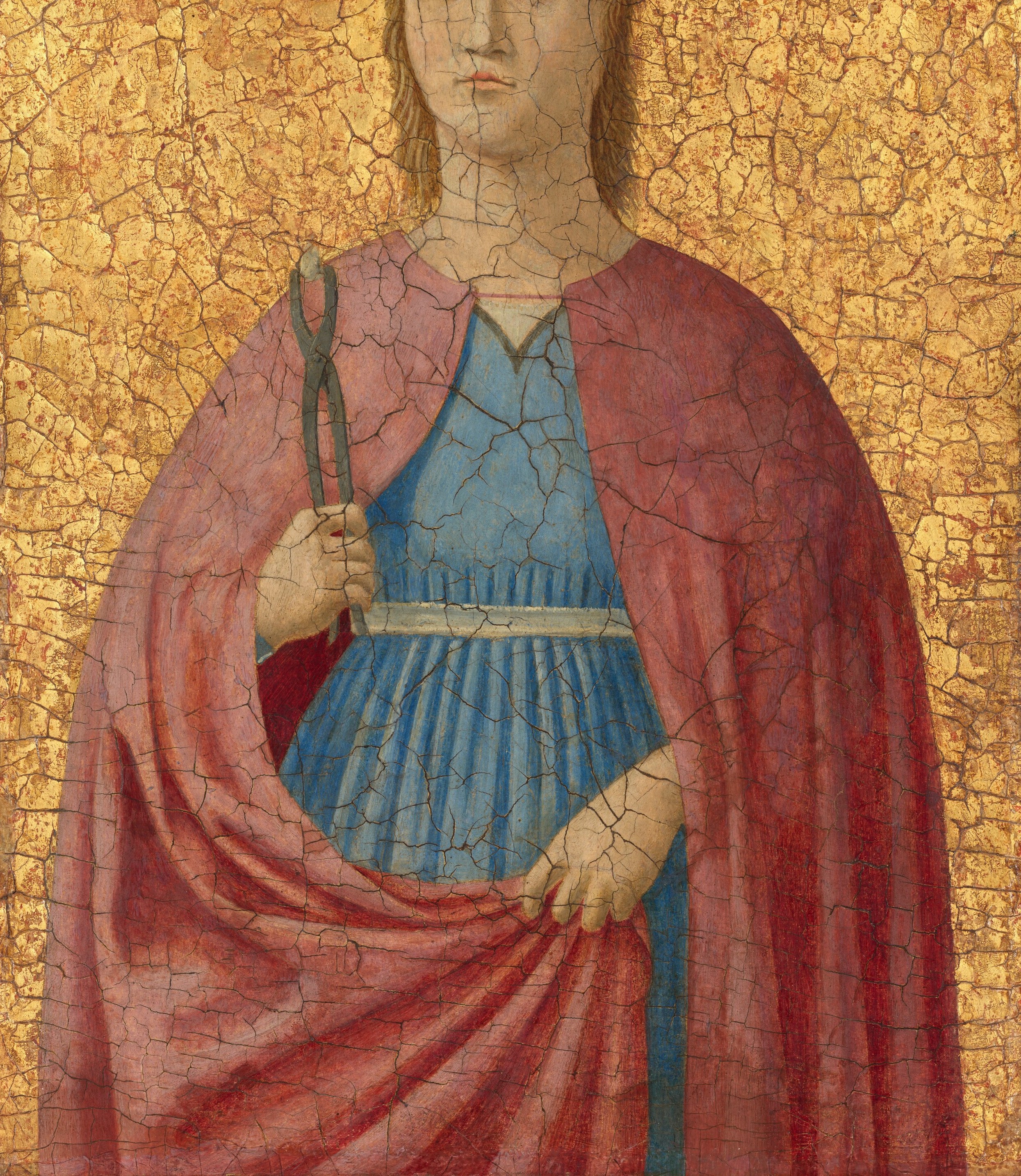 The dominant visual field of the painting , Piero's characteristic broad, architectural drapery folds structure the figure more as monument than as body.