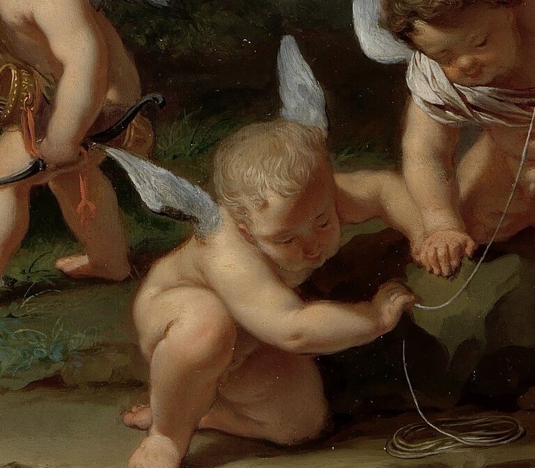 Its innocent posture and focus on the scene suggest a witness to the unfolding myth.