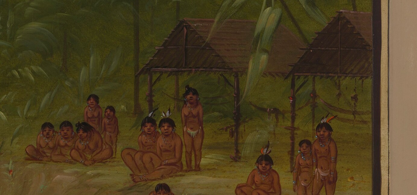 Here, families gather near simple thatched shelters.