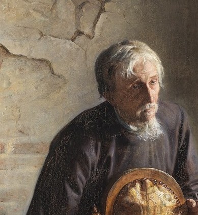His expression is neutral, suggesting a detached observer of the king's plight.