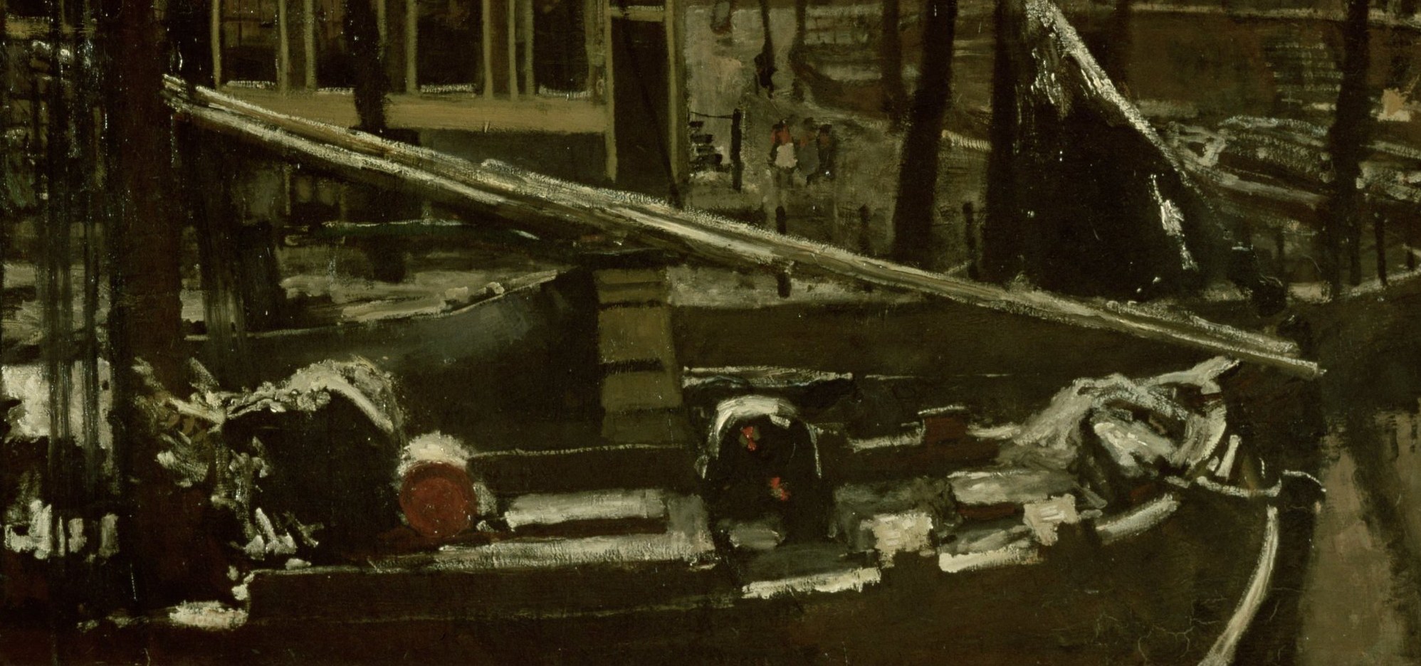 These boats, frozen in the canal, anchor the composition.