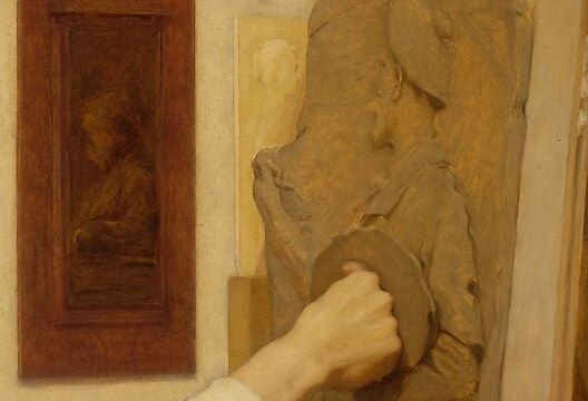 He is shown making a relief, with his right arm fully extended.