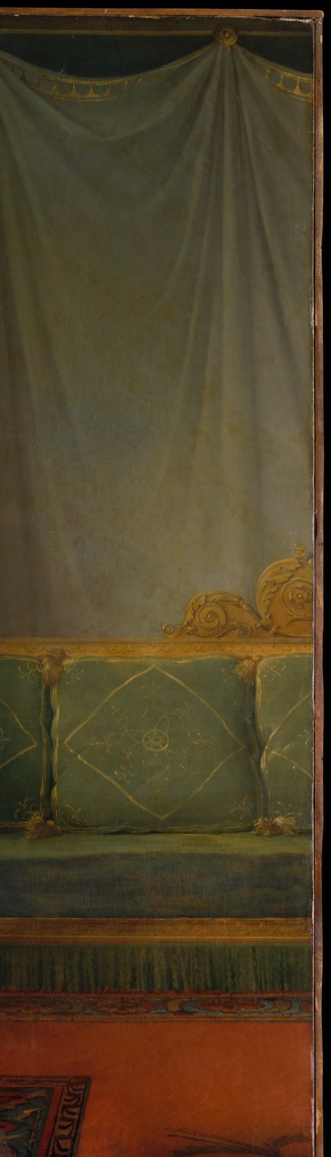 The warm gold provides the principal chromatic counterpoint to the white gown , a standard Grand Manner device; its richness signals the wealth of the Talleyrand household