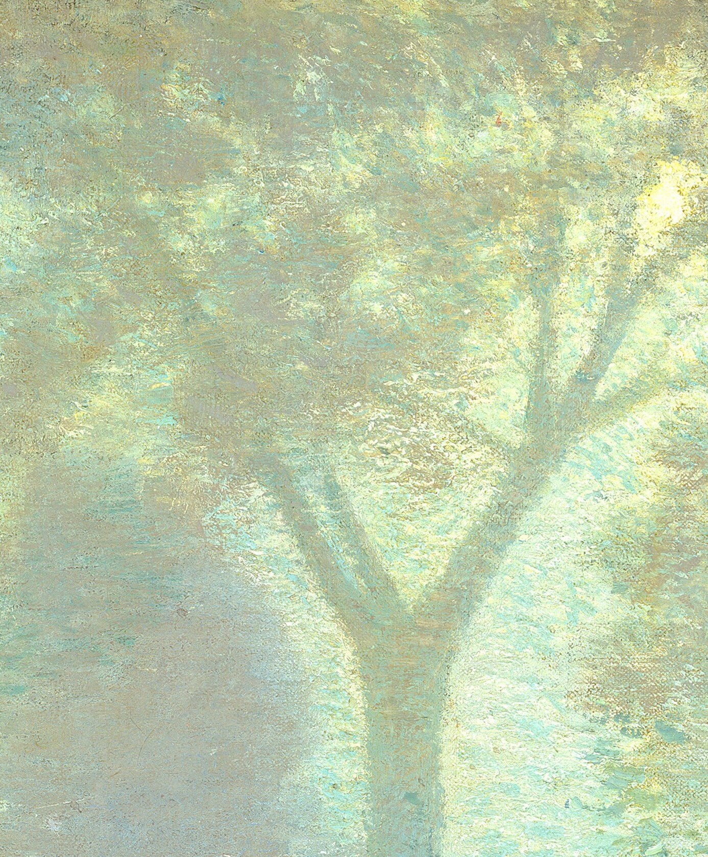 Delicate silver strokes suggest moonlight on the branches.