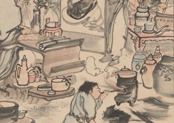 The arrangement of cups and vessels indicates a focus on drinking and hospitality.