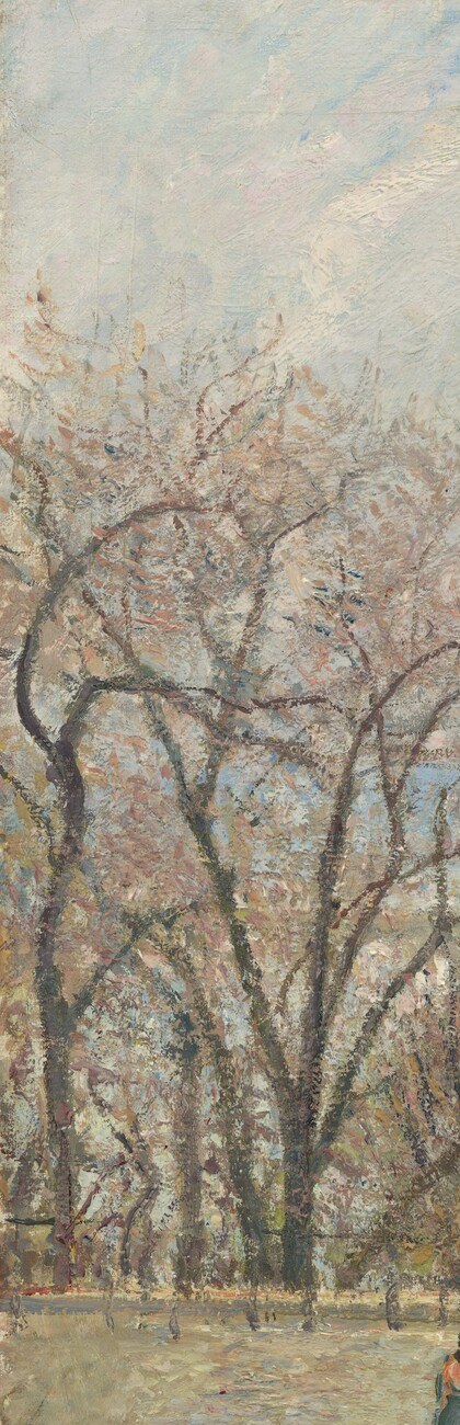 Spidery bare branches form a delicate lace screen against the gray sky , a classic Pissarro device for framing a scene while declaring the season without sentimentality.