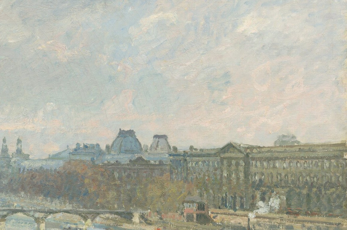 France's greatest museum is reduced to a horizontal backdrop; Pissarro's choice to treat it as scenery rather than subject encodes a quietly subversive attitude toward official culture.