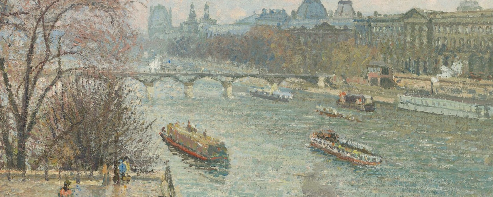 Streaks of deep blue and pale orange flicker across gray-white water, capturing the chop still running after the rainstorm , the river is the compositional and meteorological fulcrum of the painting.