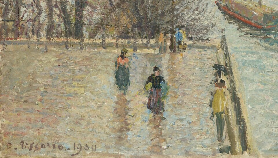 Built from strokes of coral, yellow, lavender, pink, white, and brick-red, this surface is Pissarro's most technically dazzling passage and the concentrated proof of his late Impressionist color method , worth a sustained close-up.