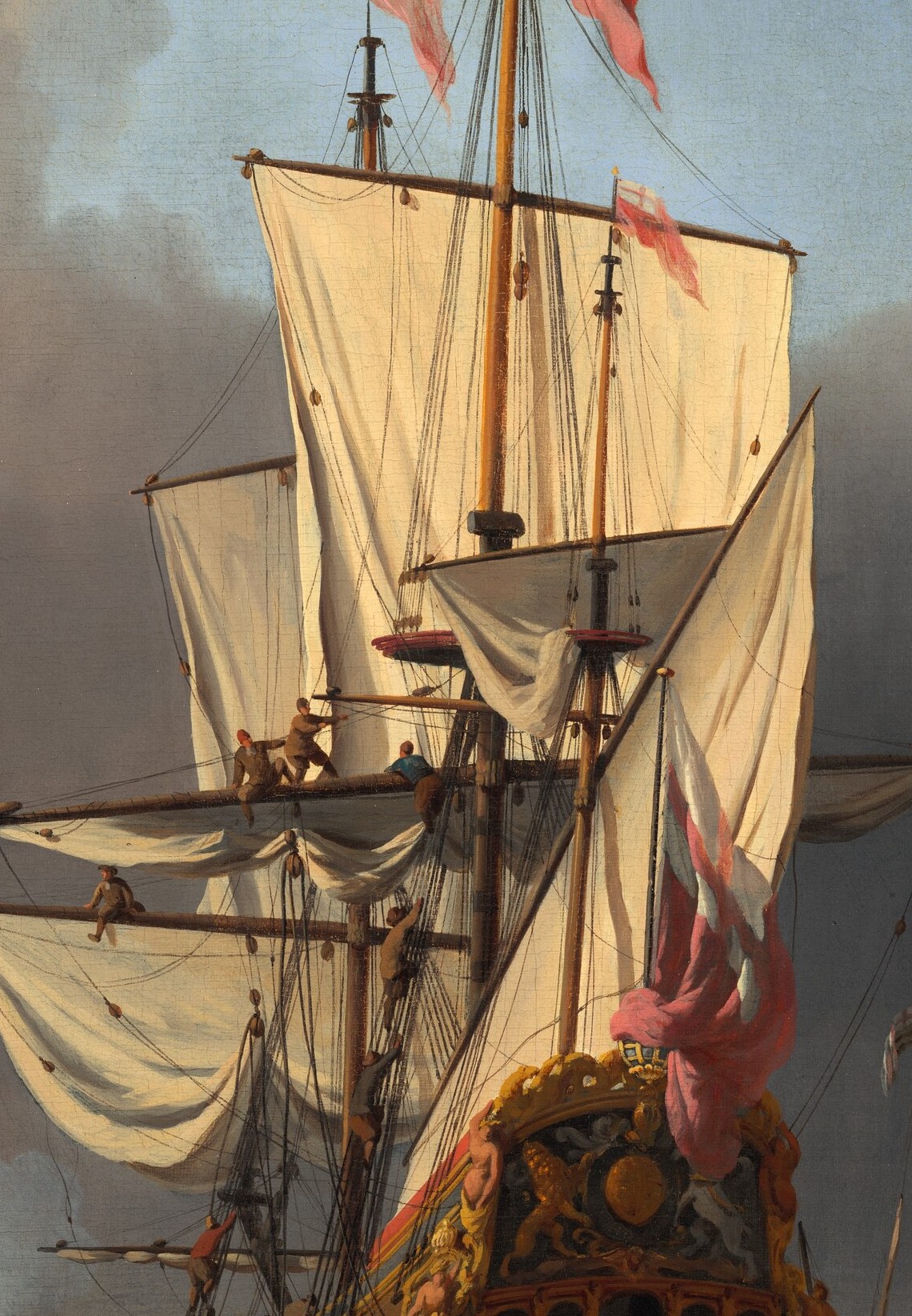 The taut sails suggest wind and movement, essential for a sailing vessel.