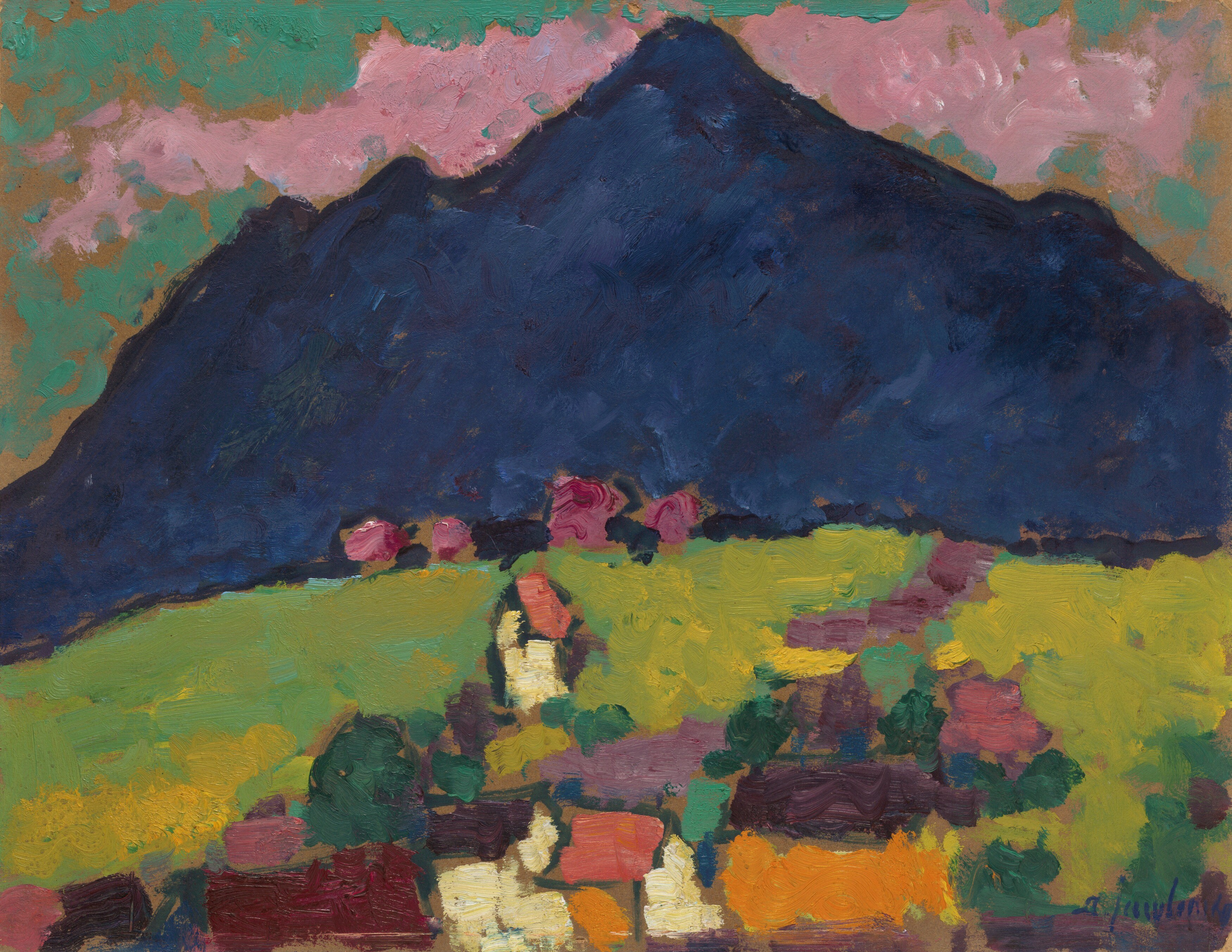 The energetic brushstrokes capture a mountain village.