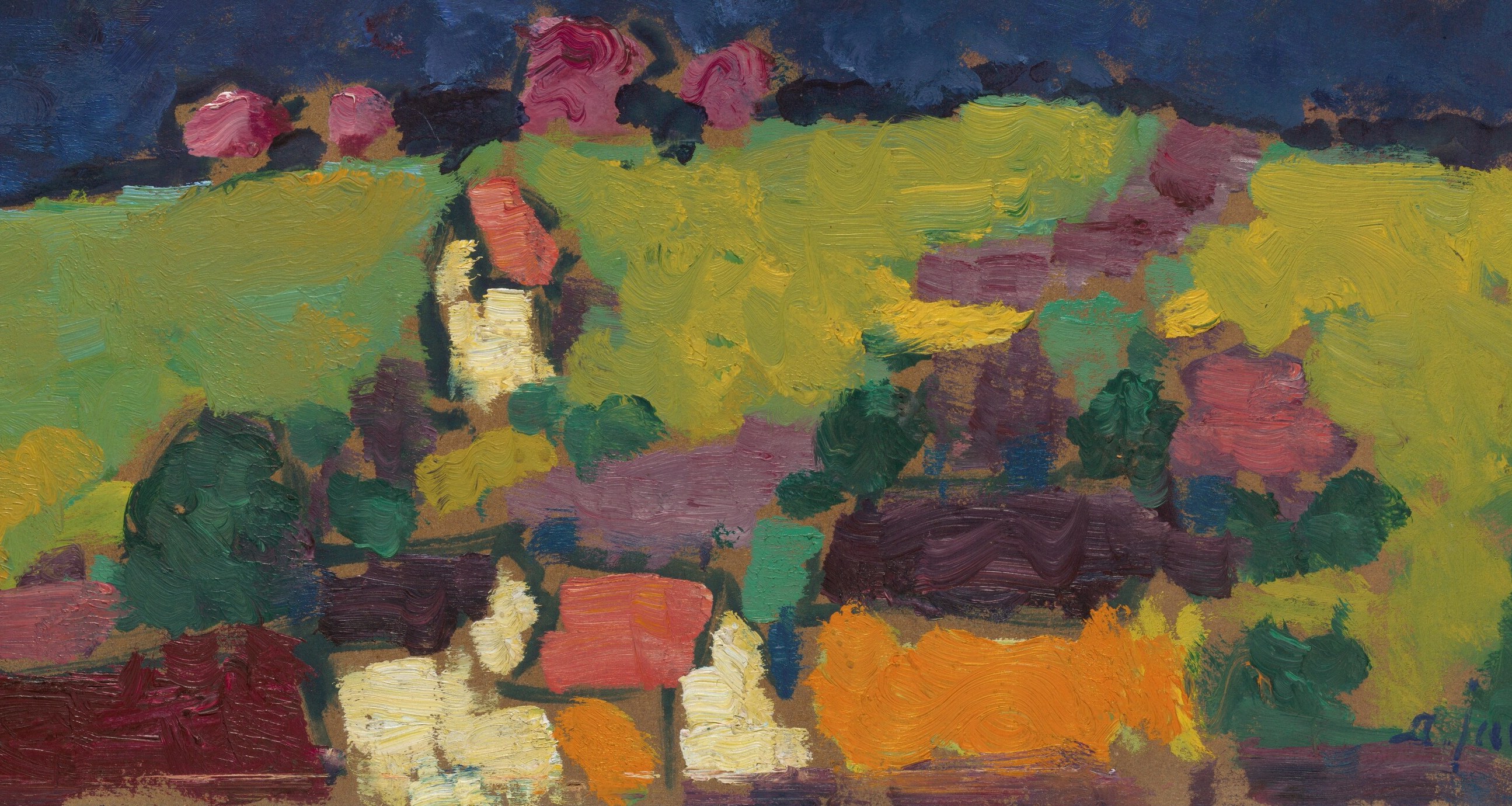 See the bright green fields and colorful village houses.