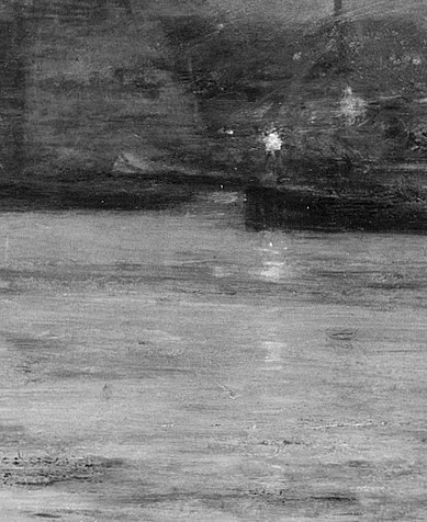 A harbor disappearing into its own reflection.
