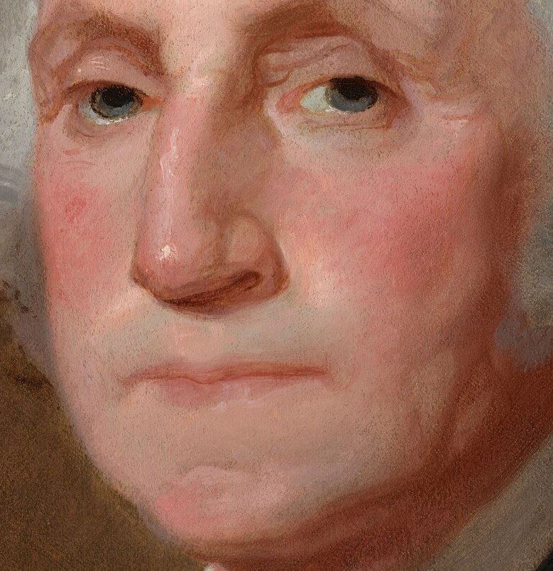 Contemporaries noted Washington's commanding nose; Stuart renders it faithfully rather than reducing it, a choice that made the portrait feel true to people who had met the man.