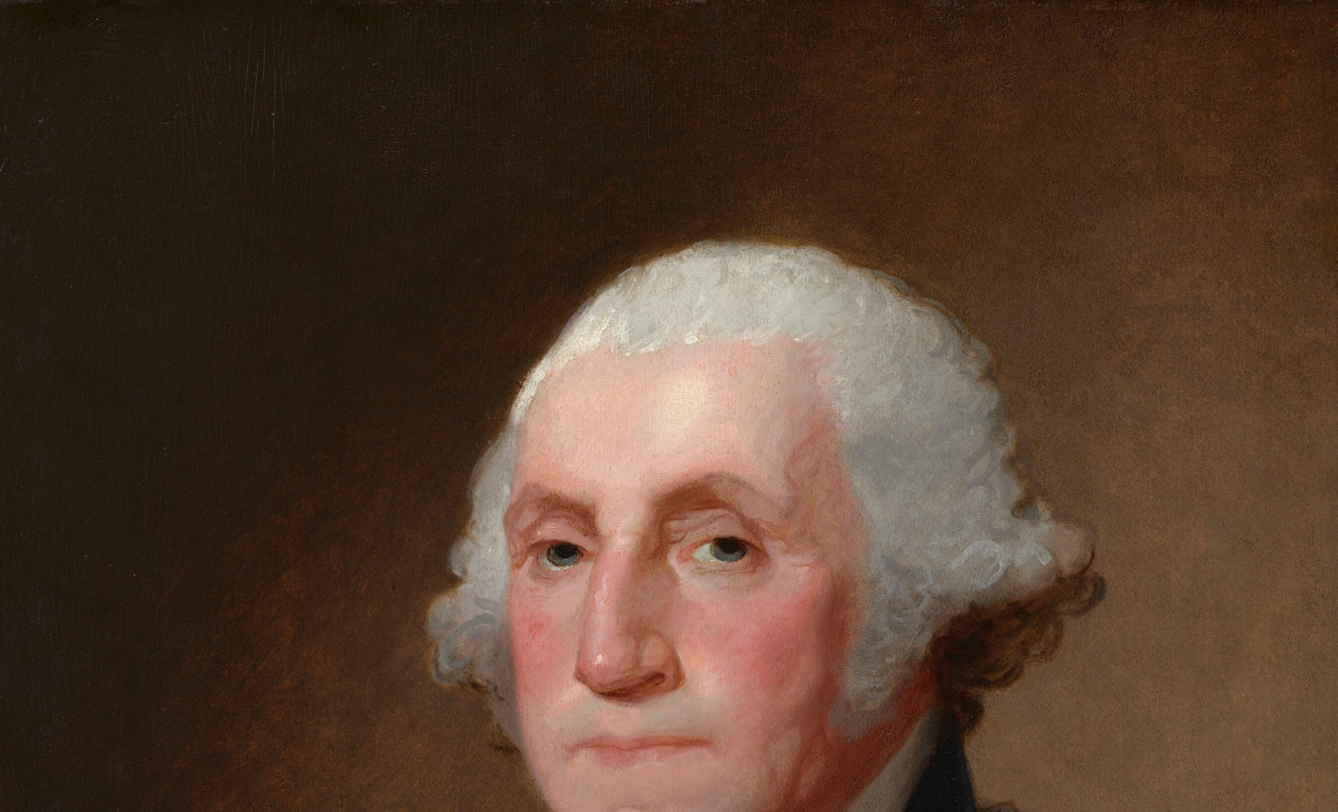 The powdered wig anchors him in the Founding generation.