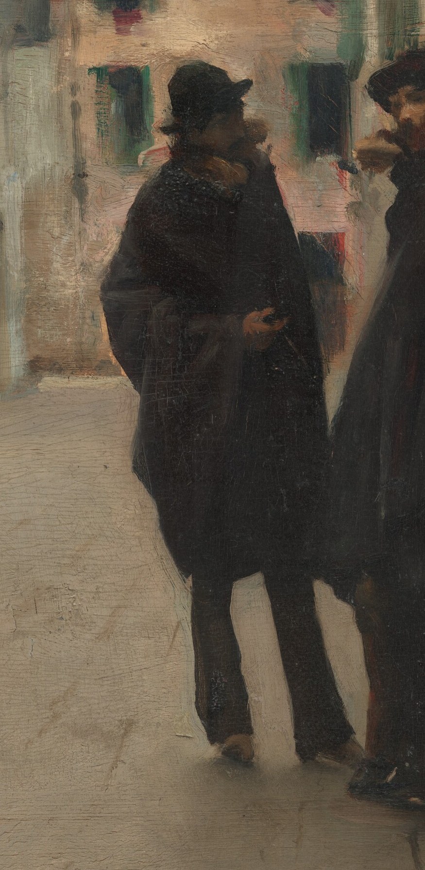 Two men wait in the shadows to the left.