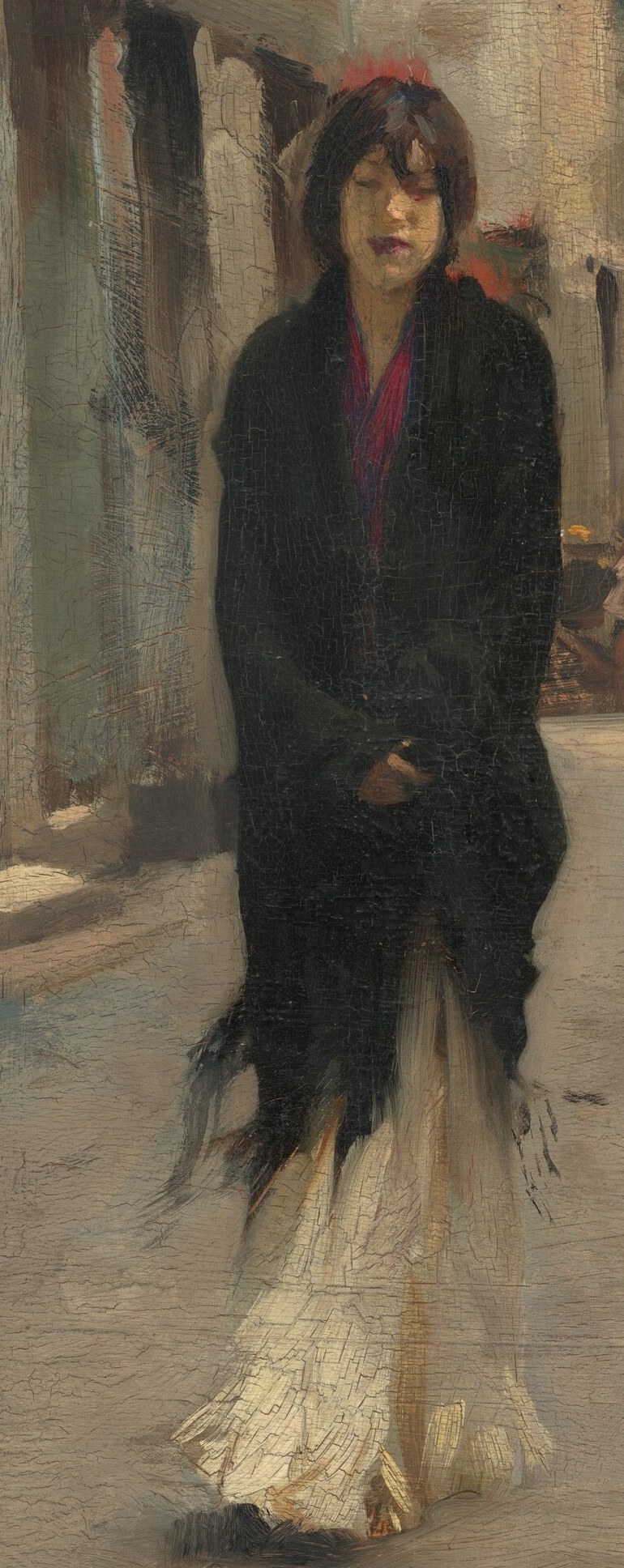 A woman walks quickly through the frame.