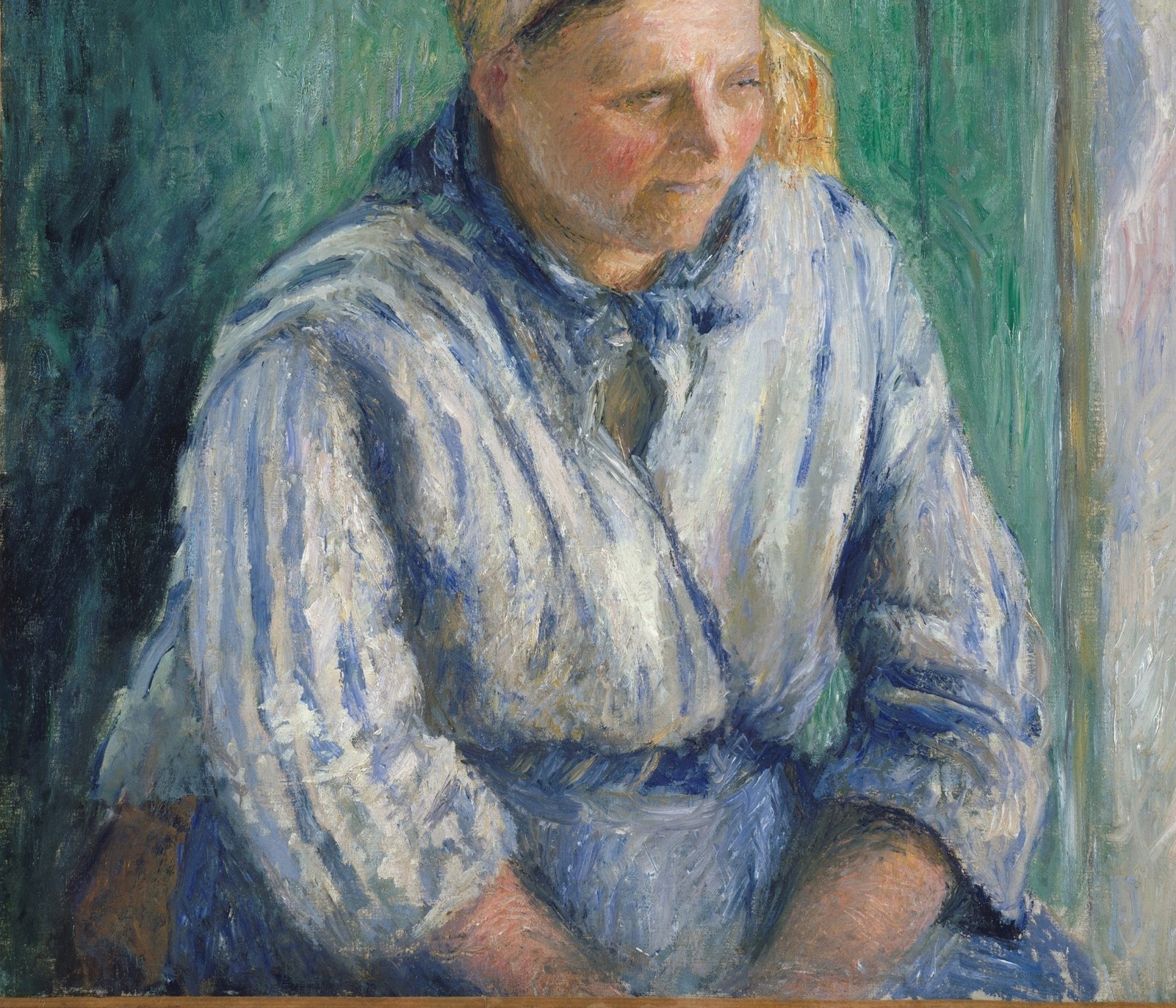 The garment is the painting's largest single area; its vertical stripes modulate from tight pattern at the chest to near-abstraction at the hem, showing Pissarro pressing toward the flatness Cézanne would push further.