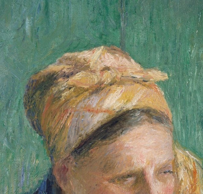 Pissarro refuses glamour: the unguarded tilt and softened features give this working woman an interior life , she is resting, not posing, which was a radical choice in 1880.