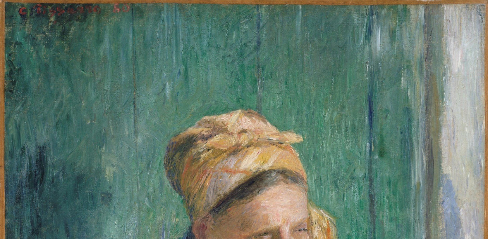 The cool varied green is painted with the same loose touch as the figure, collapsing the boundary between person and environment , a Impressionist move that anticipates the Post-Impressionist treatment of space as continuous texture.