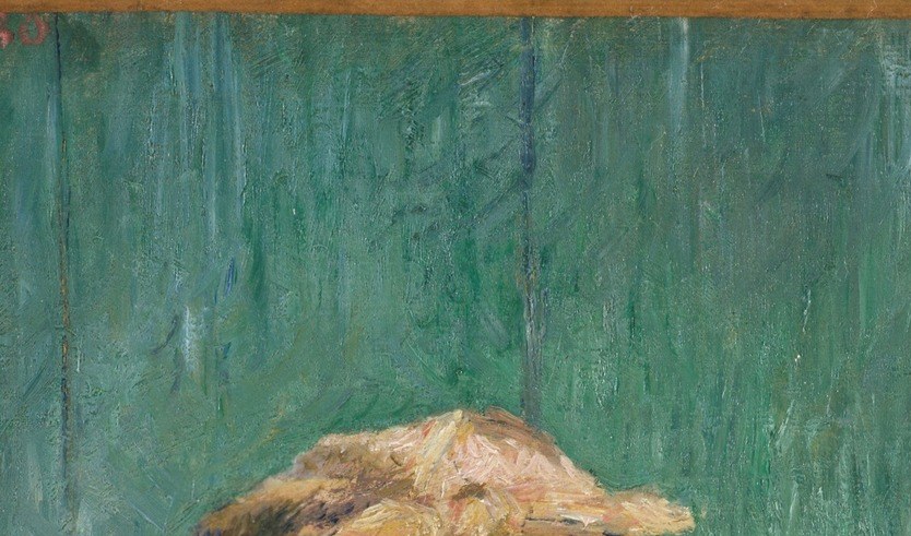 The only warm color in a cool blue-green painting , the golden-yellow immediately reads as a working woman's cloth tied to keep hair dry at the washtub, doing class identification without a word.