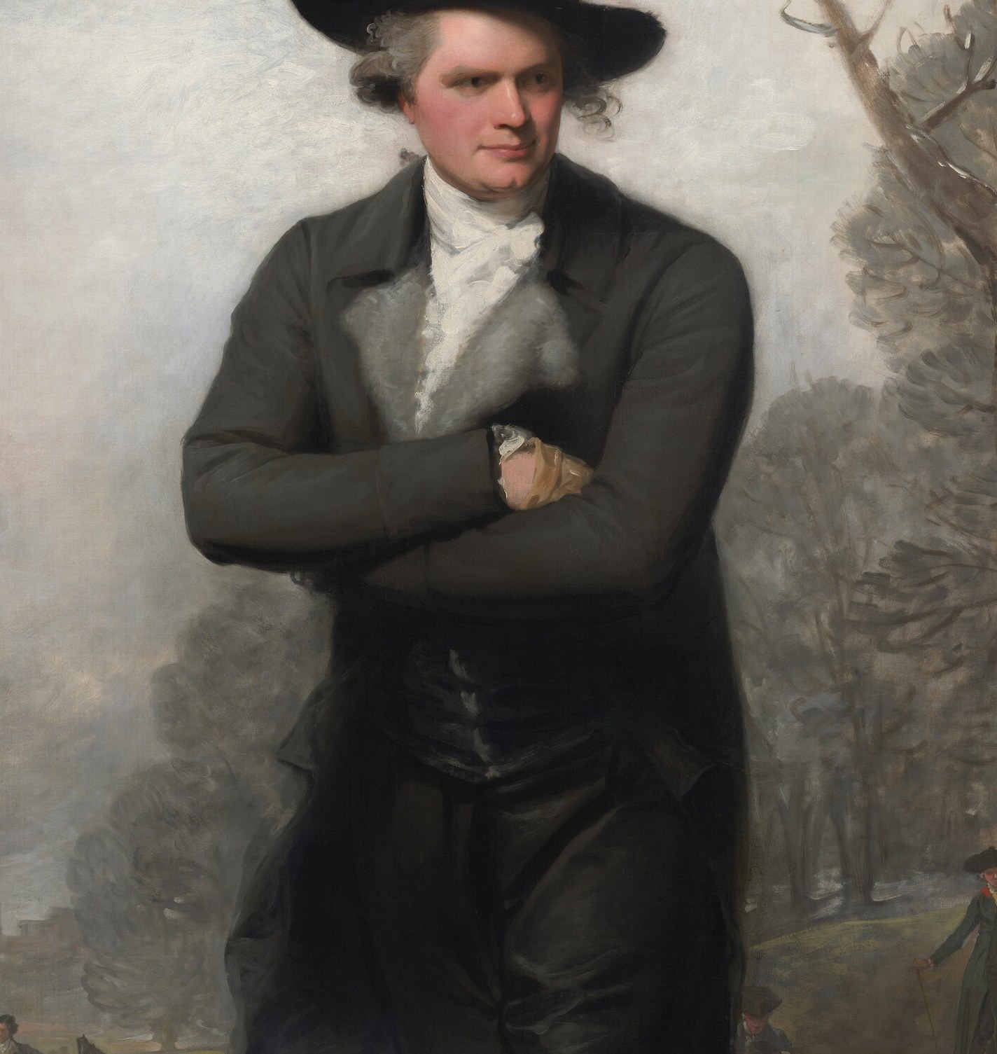 Stuart renders the coat's nap and its fall across the body with loose bravura brushwork , the dark mass sets off both the face above and the icy expanse below.