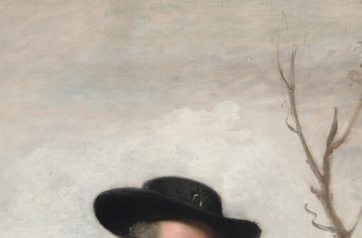 The rakishly tilted hat was fashionable sporting headwear; its bold silhouette against the pale sky anchors the composition and signals leisured aristocratic identity.