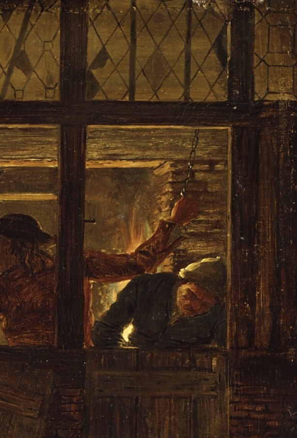 The sole light source in the painting; Defrance subordinates all other color to this glow, enacting Enlightenment-era fascination with fire as a symbol of industrial progress.