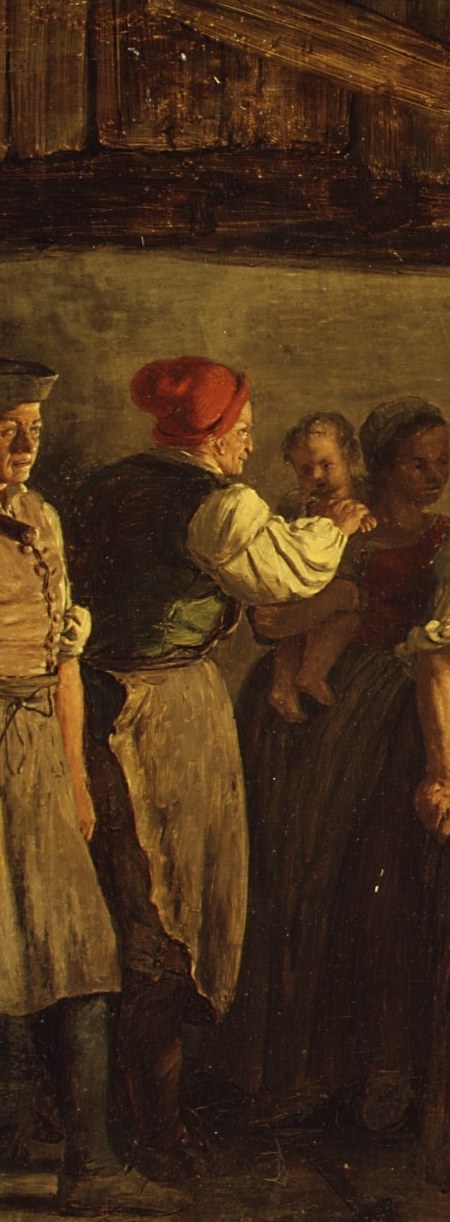 The red cap is the sole saturated color note in the left cluster , a working-class marker that acts as a visual pivot between the two halves of the scene.