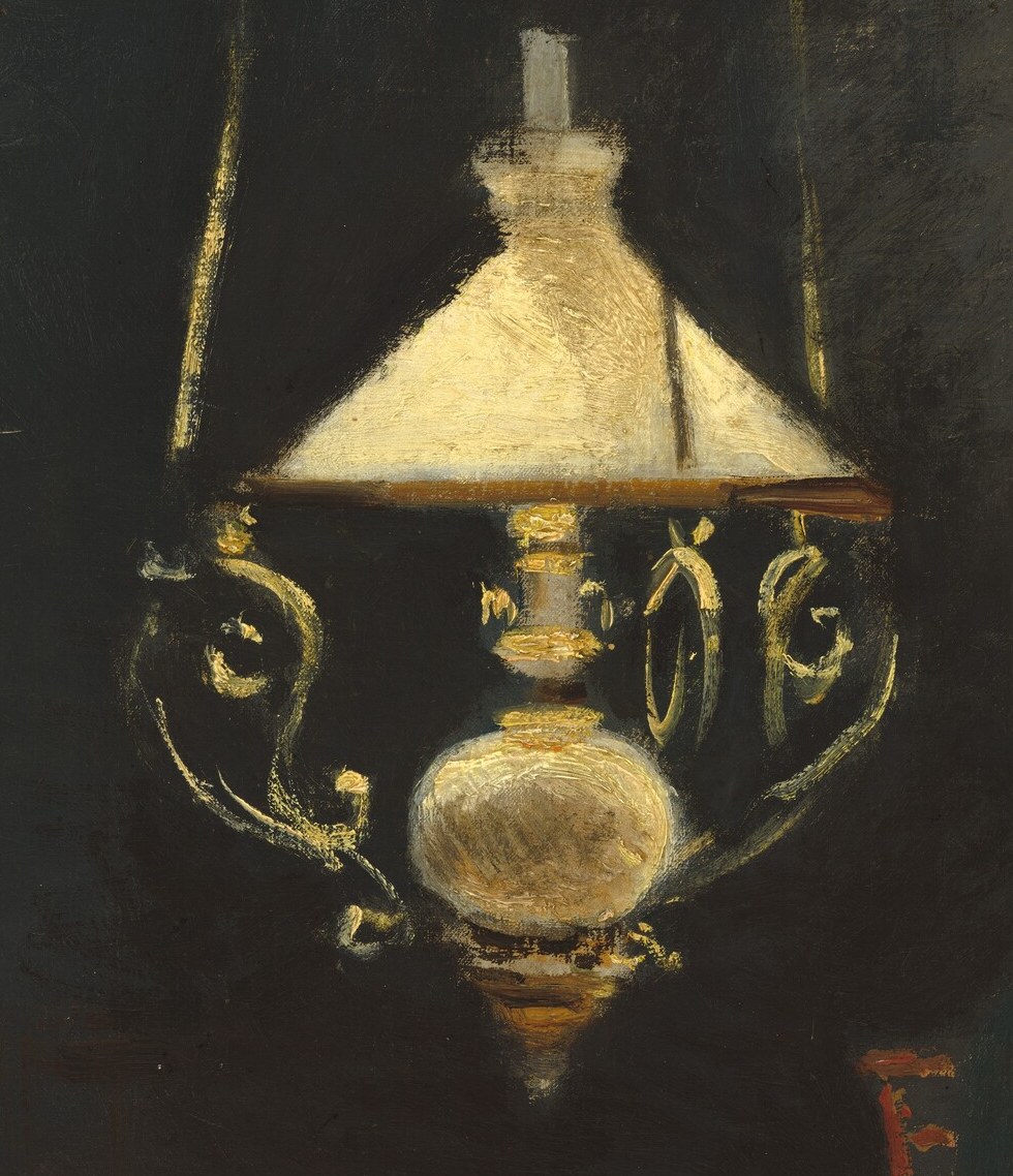 Its warm glow illuminates the scene, suggesting comfort and domesticity, but also casts long shadows.