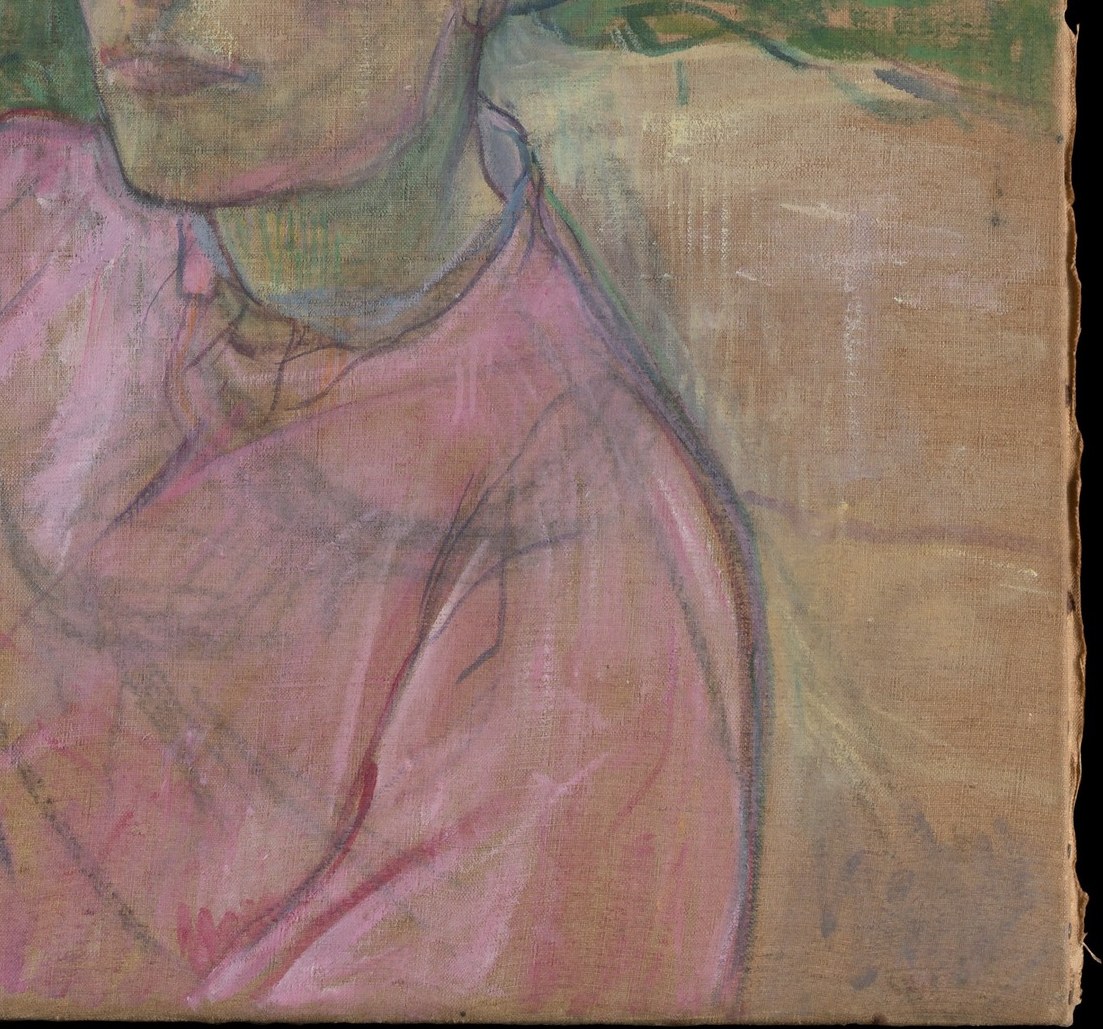 His brushstrokes are thick, building texture on her dress.