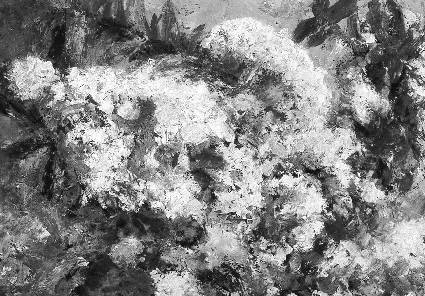 These blossoms are rendered with thick paint, giving them a tangible presence and highlighting the artist's bold brushwork.