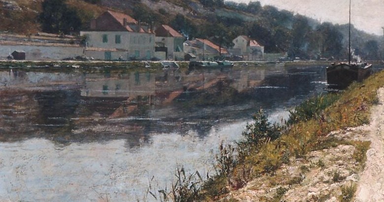 Step back, and those strokes lock into a glassy, motionless canal.