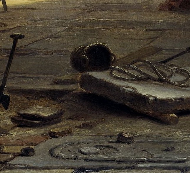 And next to it, a forgotten shovel and tools lie scattered.
