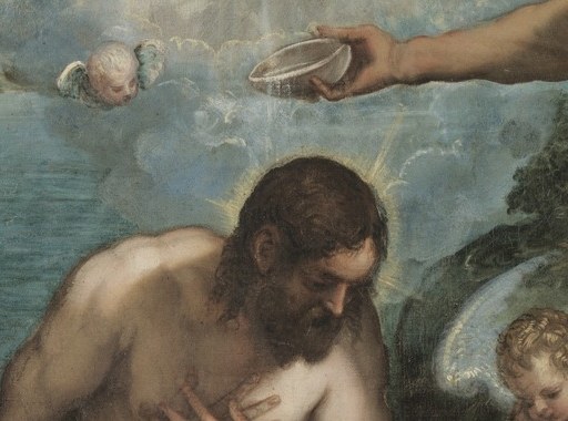 The downward tilt encapsulates the paradox of a divine figure accepting a human rite , a close-up on this alone communicates humility without words.