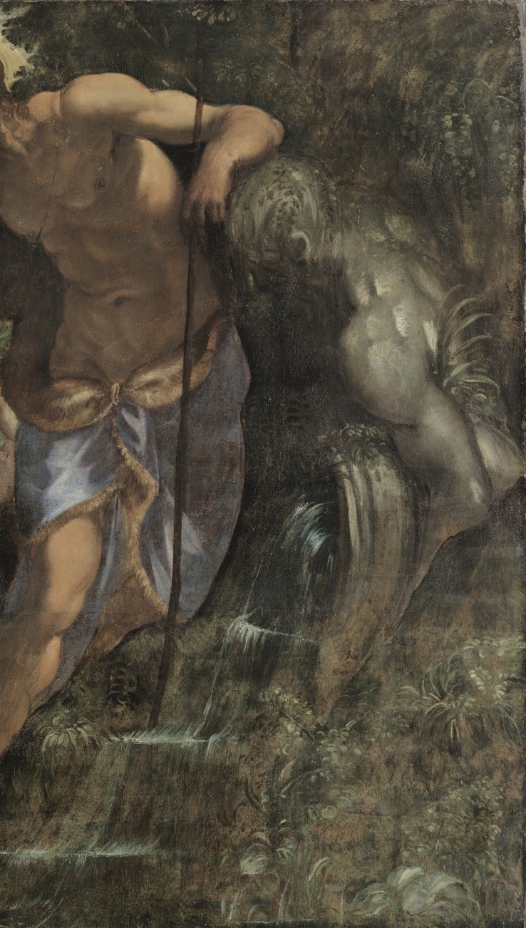 An oversized, near-monumental attendant whose scale dwarfs the human figures , a Mannerist trick that signals divine presence through proportion rather than halo.