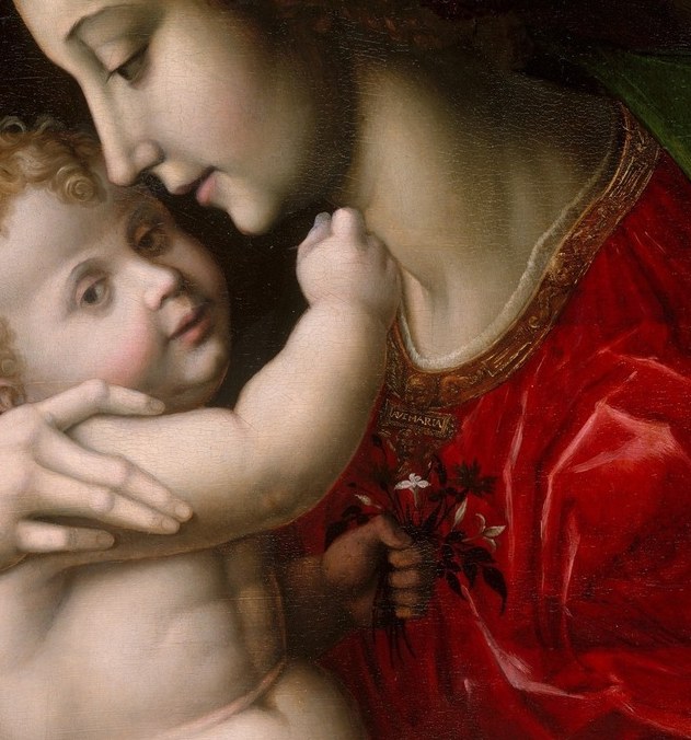 The infant's wide eyes look up toward Mary, creating an intimate exchange of glances that anchors the spiritual bond between mother and child.