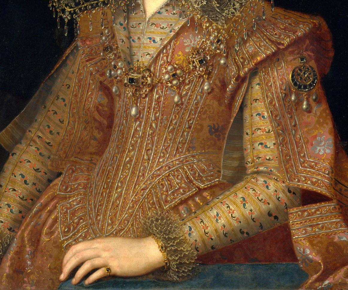 Warm brocade with interlaced surface embroidery rendered thread-by-thread; Pourbus turns the dress into a catalogue of Gonzaga textile wealth that no verbal inventory could match.