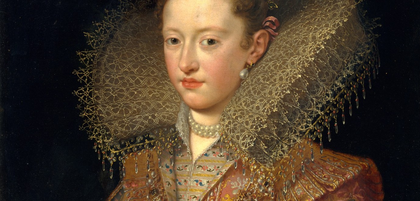 A virtuoso Flemish lace-painting passage: layered geometric bobbin-lace fans out dramatically, functioning simultaneously as status display and technical showpiece.