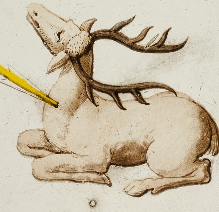 The tranquil posture of the deer symbolizes peace and perhaps a specific lineage or virtue.