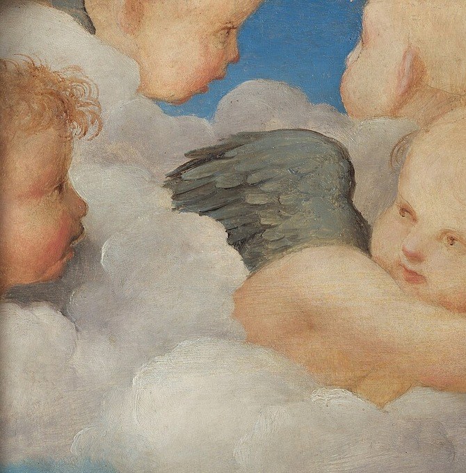 Cherubs hover above, blessing this serene family scene.