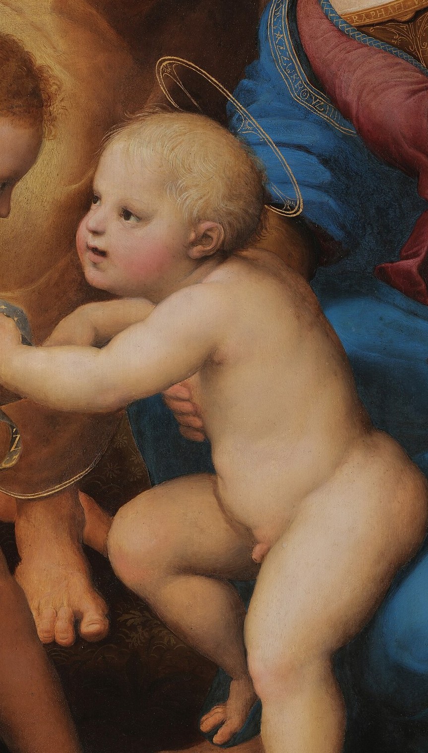 Mary gently holds the infant Jesus, who reaches for his cousin John.