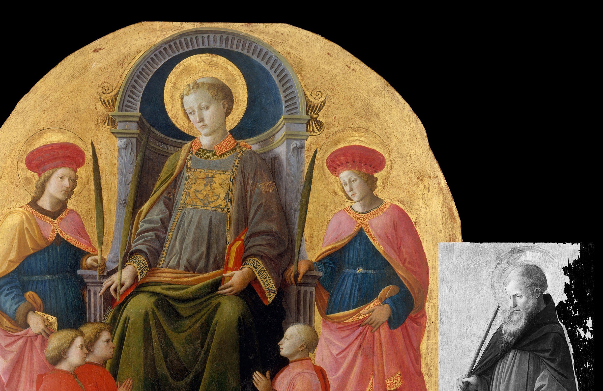 The flat gold ground is a pre-Renaissance convention Lippi still employs in 1453 , a deliberate archaism that reads as sacred timelessness rather than spatial depth.